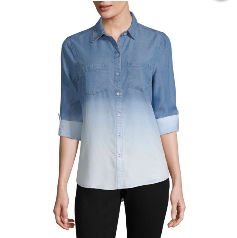 ana ombre blue jean denim button up shirt sz m